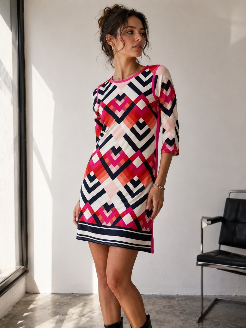 Tribal Femme Geometric Print Shift Dress Pink Black White 3/4 Sleeve  Large NWT